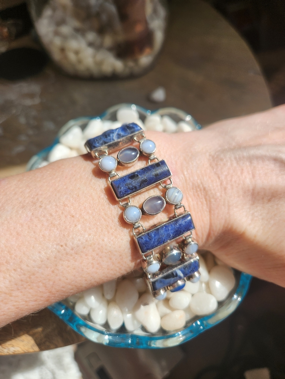 Vintage 925 PB Sterling Silver Blue Sodalite And Chalcedony Link Bracelet - Picture 3 of 9